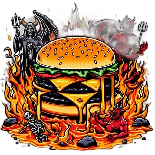 food, pixel art, concept art, comic book art, fantasy art, fire, hell, flaming transparent PNG cut-out