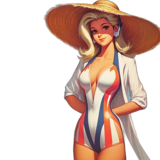 dress, hat, concept art, fantasy art, comic book art, pixel art, beach, colorful transparent PNG cut-out