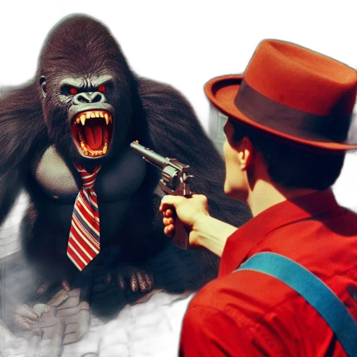 concept art, gorilla, suit, tie, roars, rooftop, amidst, cityscape transparent PNG cut-out