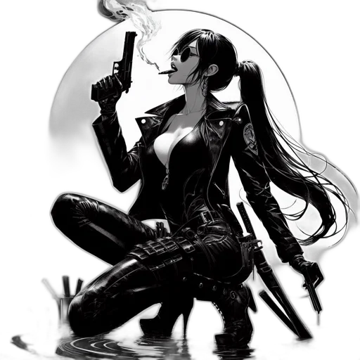 weapon, comic book art, concept art, cyberpunk, fantasy art, dark, monochrome, femme transparent PNG cut-out