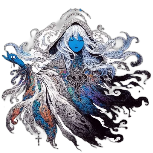 hair, dress, mask, creature, concept art, fantasy art, watercolor, pixel art transparent PNG cut-out