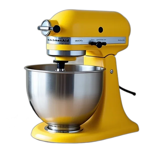 robot, food, 3d render, yellow, kitchenaid, stand, mixer, stainless transparent PNG cut-out