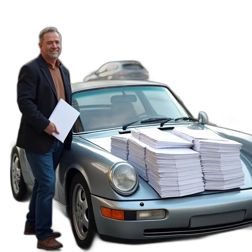 car, animal, man, standing, next, large, stack, envelopes transparent PNG cut-out
