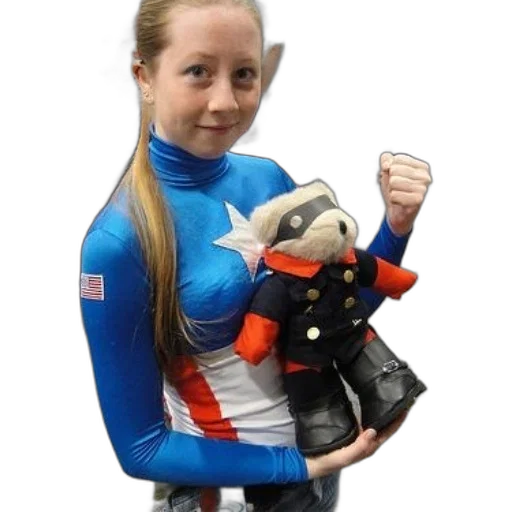 jacket, staff, girl, captain, america, costume, holds, plush transparent PNG cut-out