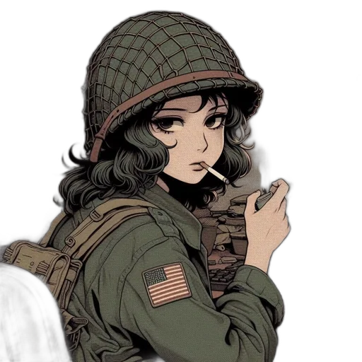 weapon, jacket, hat, face, anime, cartoon, comic book art, pixel art transparent PNG cut-out