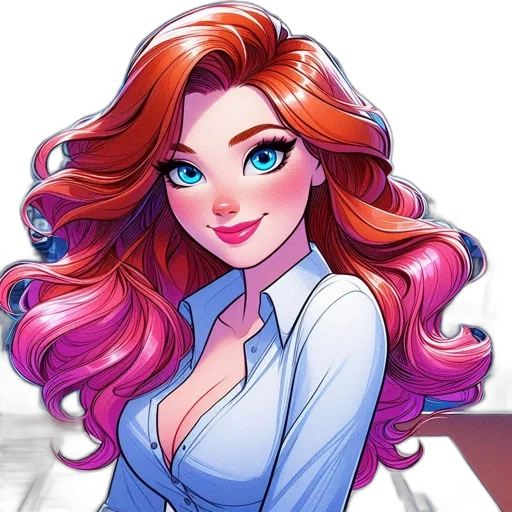 cartoon, fantasy art, comic book art, concept art, female, newsroom, character, red transparent PNG cut-out