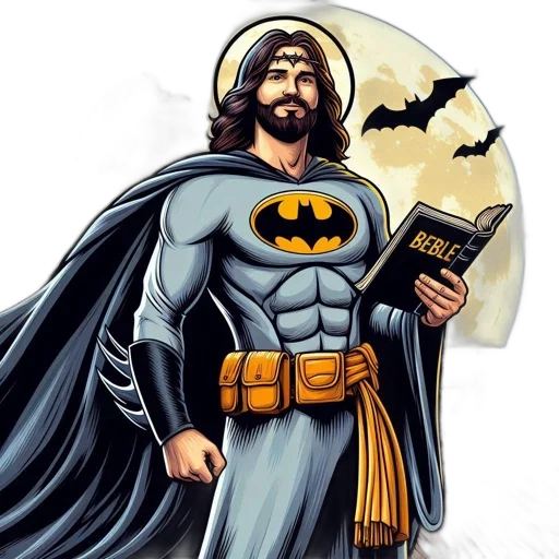 comic book art, cartoon, concept art, jesus, batman, fuse, together, urban transparent PNG cut-out
