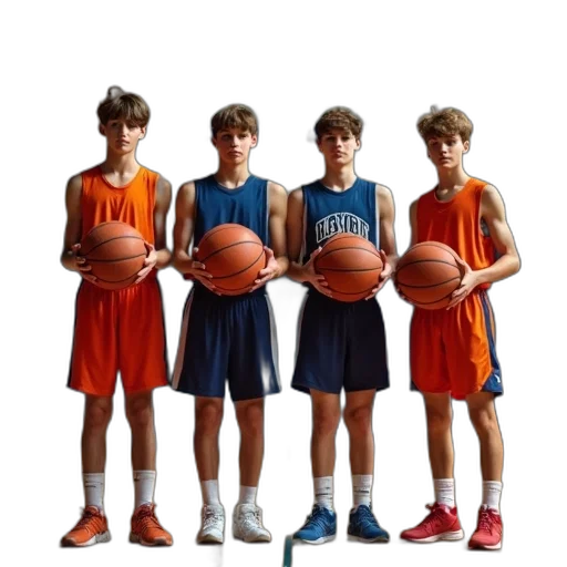 3d render, concept art, photorealistic, four, boys, basketball, players, standing transparent PNG cut-out