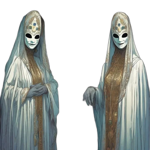 mask, dress, creature, concept art, fantasy art, 3d render, comic book art, blue transparent PNG cut-out