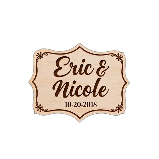 earth tones, wooden, sign, names, eric, nicole, engraved, along transparent PNG cut-out