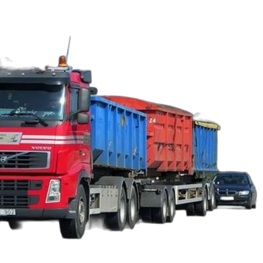red, volvo, truck, blue, containers, driving, highway transparent PNG cut-out
