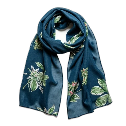 navy, blue, scarf, pattern, green, leaves, flowers, draped transparent PNG cut-out