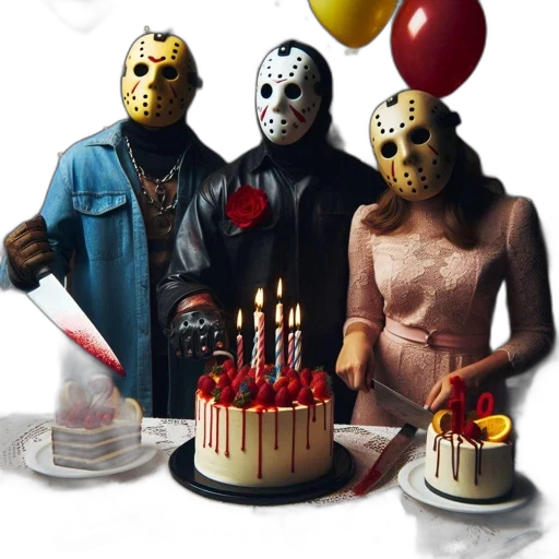 mask, 3d render, concept art, fire, three, individuals, horror, movie transparent PNG cut-out