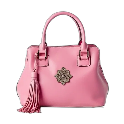 pastel, pink, handbag, tassel, decorative, emblem, front, displayed transparent PNG cut-out