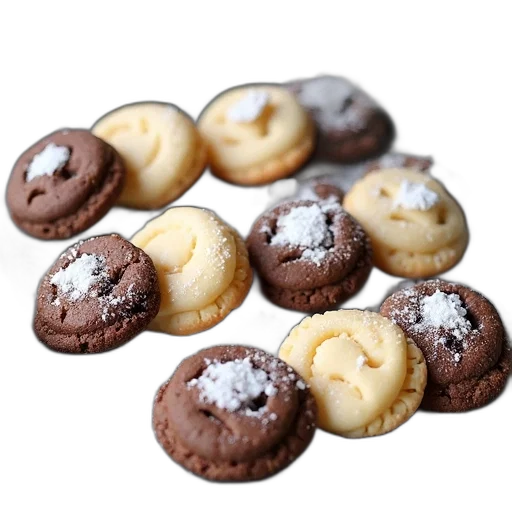 food, photorealistic, tray, chocolate, vanilla, cookies, white, brown transparent PNG cut-out