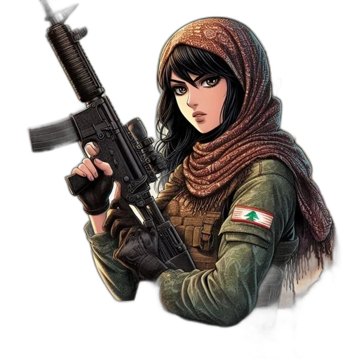 weapon, jacket, face, concept art, comic book art, pixel art, fantasy art, woman transparent PNG cut-out