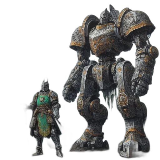 robot, concept art, 3d render, fantasy art, knight, stands, beside, imposing transparent PNG cut-out