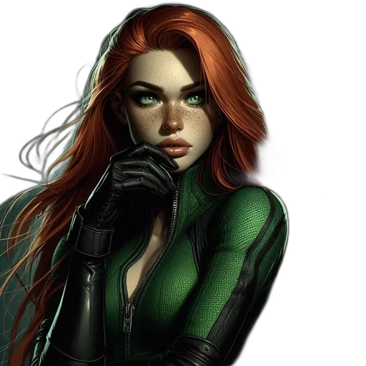 comic book art, fantasy art, concept art, photorealistic, green, female, character, flowing transparent PNG cut-out