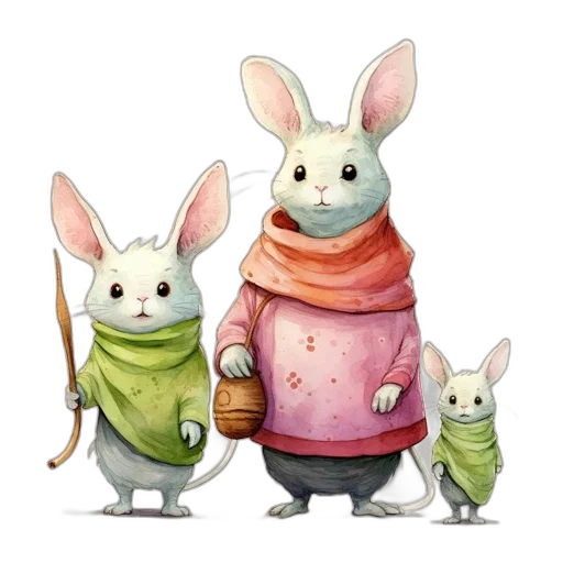 concept art, fantasy art, watercolor, 3d render, pastel, three, anthropomorphic, rabbits transparent PNG cut-out