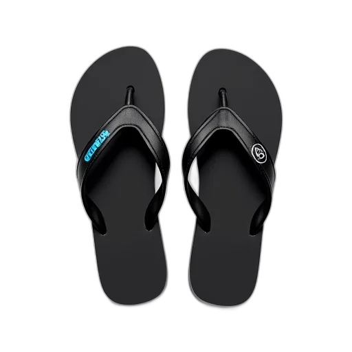 shoes, 3d render, pair, black, flip-flops, blue, logo, right transparent PNG cut-out