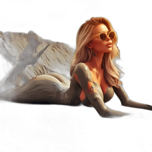 concept art, fantasy art, photorealistic, 3d render, fire, golden, woman, lies transparent PNG cut-out