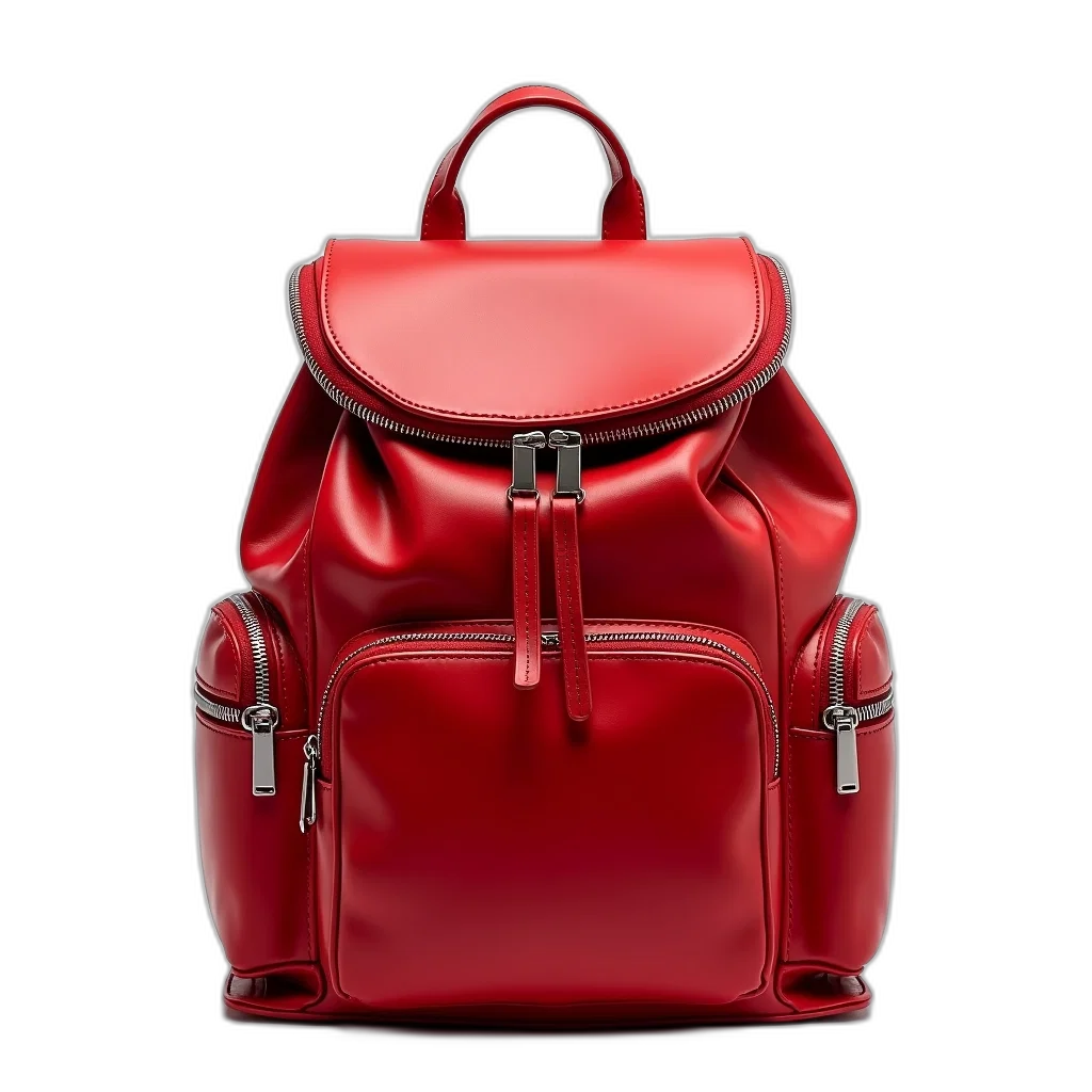 3d render, photorealistic, red, leather, backpack, shiny, finish, featuring transparent PNG cut-out