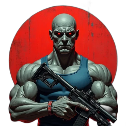 weapon, comic book art, concept art, cyberpunk, fantasy art, red, muscular, man transparent PNG cut-out