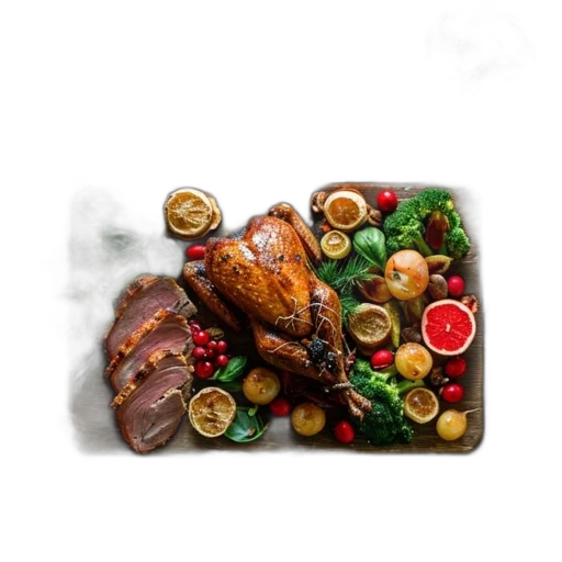 food, photorealistic, 3d render, festive, elaborate, dinner, table, displays transparent PNG cut-out