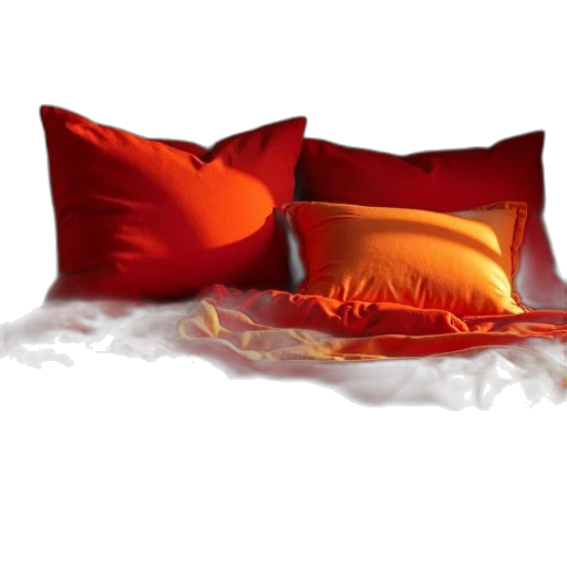 furniture, photorealistic, 3d render, red, bed, pillows, orange, comforters transparent PNG cut-out