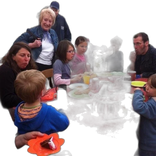 photorealistic, 3d render, group, people, gathered, around, table, red transparent PNG cut-out