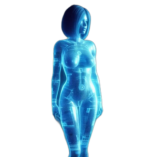 robot, dress, 3d render, concept art, cyberpunk, vaporwave, neon lights, blue transparent PNG cut-out