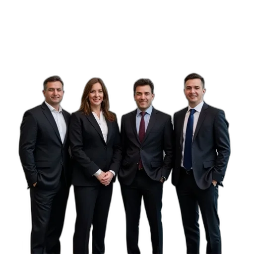 staff, jacket, four, people, business, attire, stand, front transparent PNG cut-out