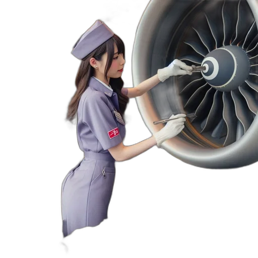 staff, photorealistic, woman, purple, uniform, inspects, aircraft, engine transparent PNG cut-out