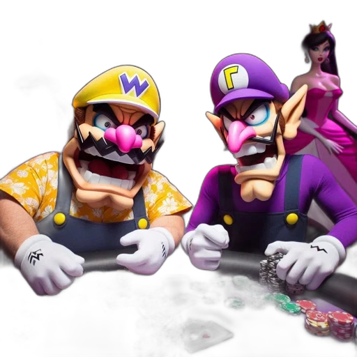 crown, weapon, mask, concept art, 3d render, two, mario-like, characters transparent PNG cut-out