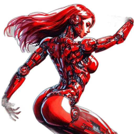 robot, comic book art, concept art, 3d render, pixel art, red, cyborg, woman transparent PNG cut-out