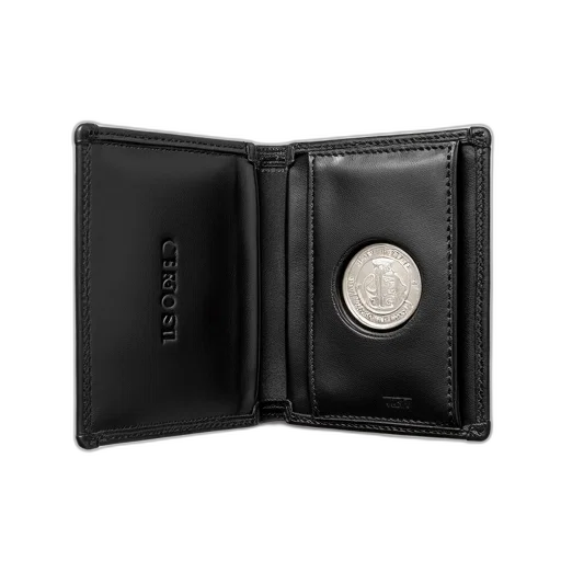 black, leather, wallet, silver, coin, attached, front, displayed transparent PNG cut-out