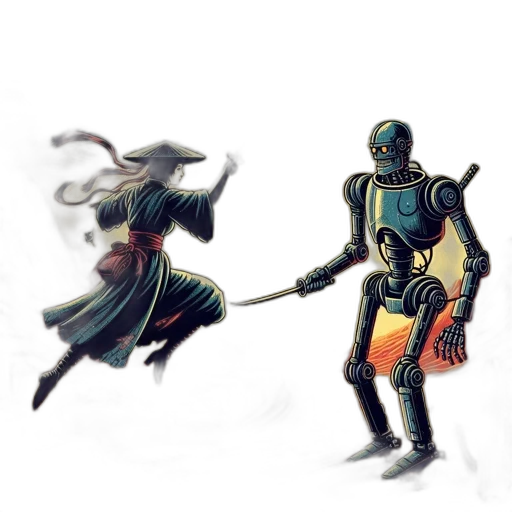 sword, robot, weapon, staff, concept art, fantasy art, watercolor, comic book art transparent PNG cut-out