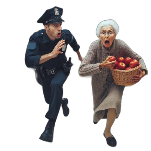 concept art, city street, police, officer, elderly, woman, engage, humorous transparent PNG cut-out