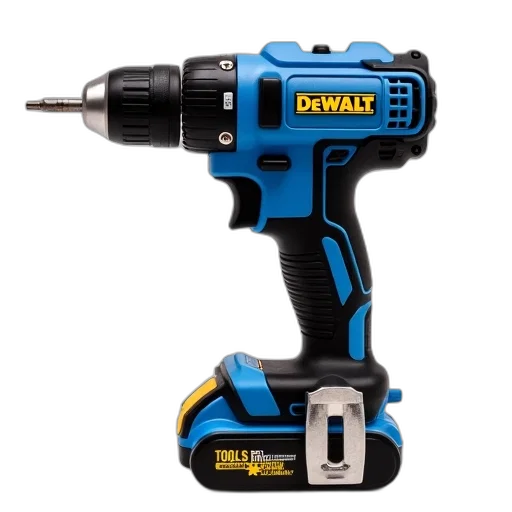 blue, black, cordless, drill, bit, attached, displayed, against transparent PNG cut-out