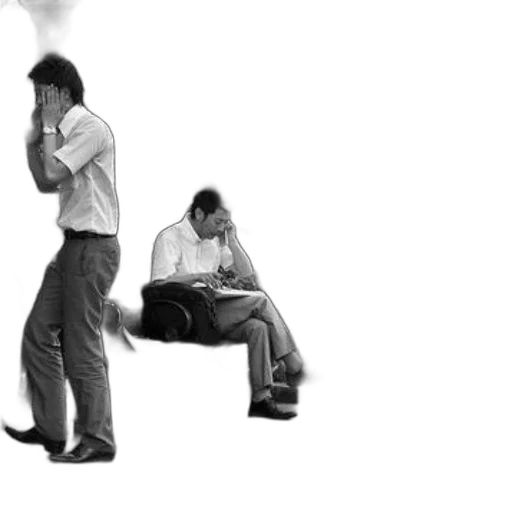 staff, black, white, photo, two, men, sitting, bench transparent PNG cut-out