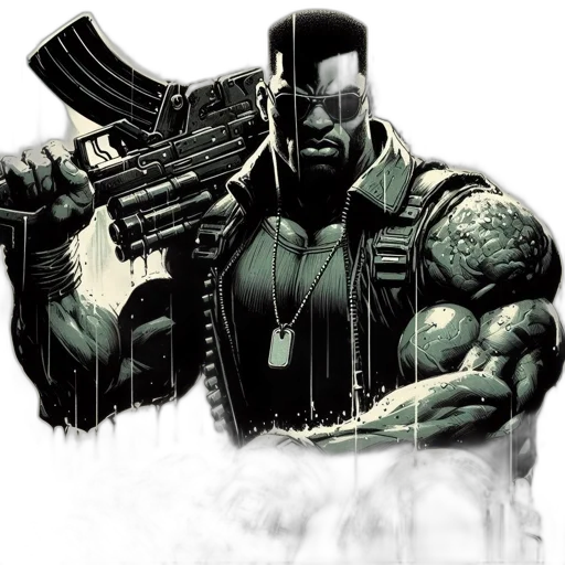 weapon, comic book art, concept art, cartoon, cyberpunk, muscular, male, figure transparent PNG cut-out
