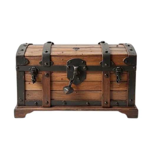 furniture, 3d render, rustic, wooden, chest, metal, accents, lock transparent PNG cut-out