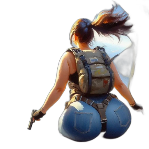 weapon, jacket, concept art, cyberpunk, fantasy art, pixel art, blue, woman transparent PNG cut-out