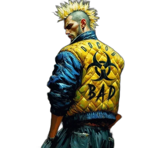 jacket, cyberpunk, concept art, comic book art, photorealistic, man, spiky, hairstyle transparent PNG cut-out