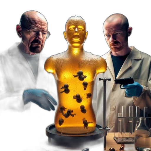 bottle, concept art, two, scientists, lab, coats, stand, dimly transparent PNG cut-out