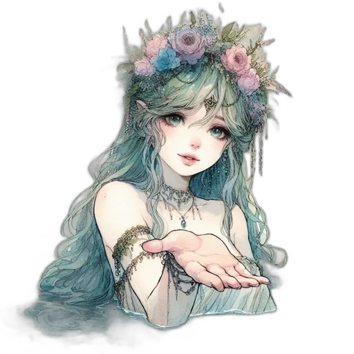 dress, crown, jewelry, flower, watercolor, fantasy art, anime, concept art transparent PNG cut-out