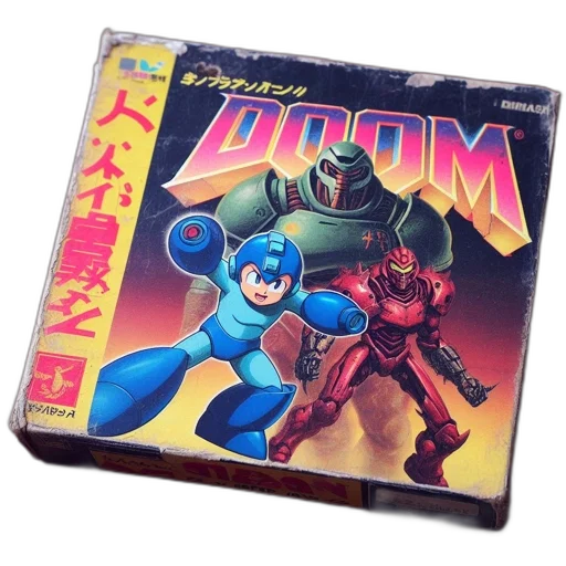 weapon, robot, vaporwave, vintage, doom, video, game, box transparent PNG cut-out