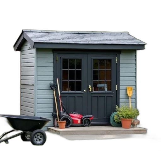furniture, 3d render, photorealistic, small, shed, gray, roof, walls transparent PNG cut-out