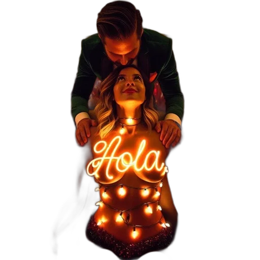 neon lights, fire, man, kneels, before, woman, hola, her transparent PNG cut-out