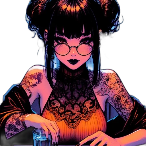 dress, jewelry, comic book art, cyberpunk, concept art, cartoon, neon lights, dark transparent PNG cut-out